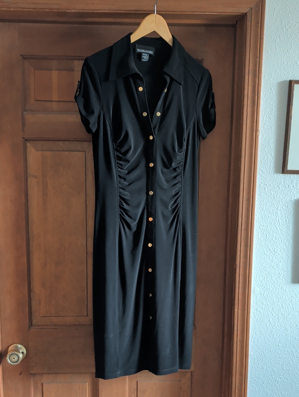 Frank Lyman Design Black Midi Shirt Dress with Gold Buttons